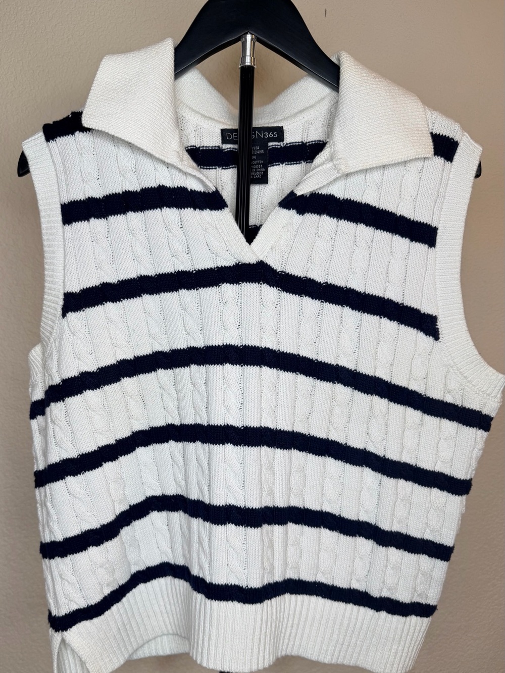 Women's White & Navy Striped Collared Sleeveless Sweater Top